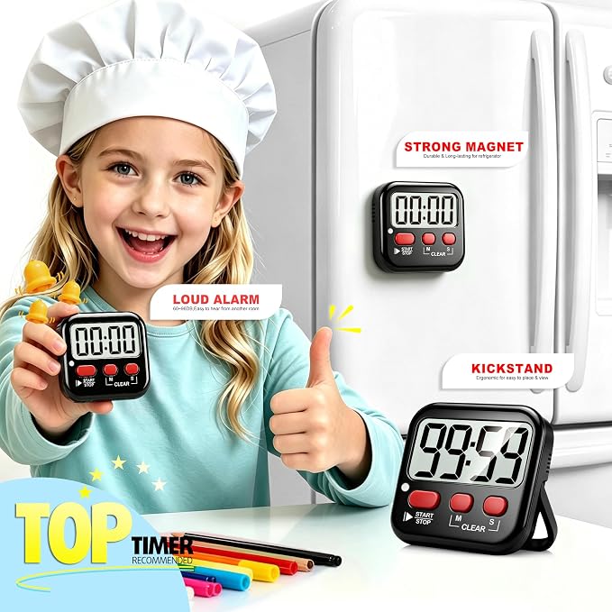 2 Pack Digital Timer for Kids Classroom Kitchen Timers for Cooking | w/ Battery, Easy to View, Alarm, Mute Mode, Count Down/Up, Magnetic, Kickstand, Hanging, Classroom Timer for Teacher Supplies