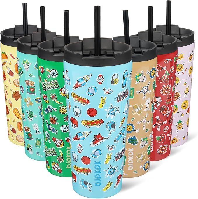 BJPKPK 22 oz Coffee Tumbler with Straw, Insulated Stainless Steel Cup | Double Wall Vacuum, Leak Proof Lid, Keeps Hot/Cold/Iced, BPA Free, Cupholder Friendly, Travel, Playground