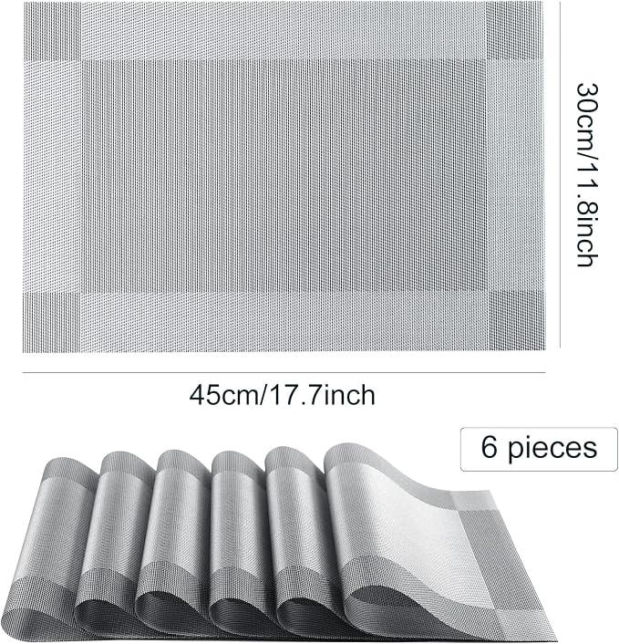 Placemats,Table Place Mats for Kitchen Dining, Heat-Resistant Anti-Skid Stain Washable PVC Table Mats, Easy to Cleaning Woven Vinyl Dinner Mats (Dark Silver, 6 Pack)