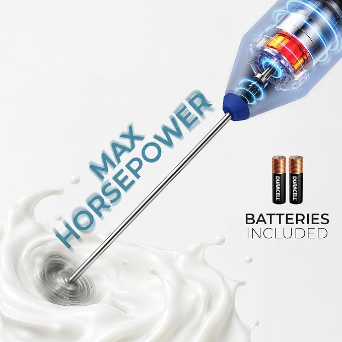 Zulay Kitchen Powerful Milk Frother AA Batteries Included – Ultra Fast Handheld Drink Mixer with Stainless Steel Whisk Stirrer for Coffee, Protein, Matcha & More, Frother Wand Electric Frothmate