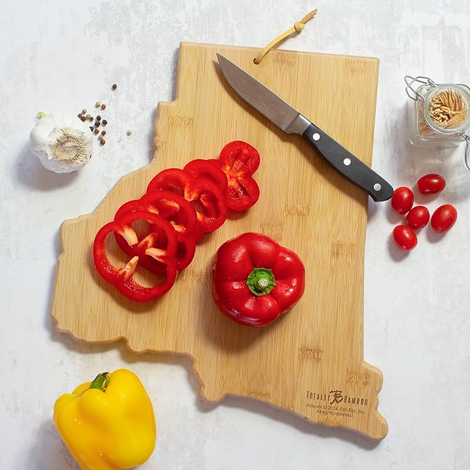 Totally Bamboo Rhode Island State Shaped Cutting Board, Art by Fish Kiss | State charcuterie board with colorful hand-drawn map artwork. Smooth reverse side for food prep. Hang tie for wall display.