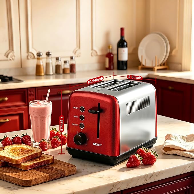 Toaster 2 Slice, Stainless Steel, 6 Shade Settings, 1.5" Extra Wide Slots | NEXFIT Retro Toaster with Bagel, Defrost, Reheat & Cancel Functions, 900W, Removable Crumb Tray, High Lift, Cord Wrap, Red
