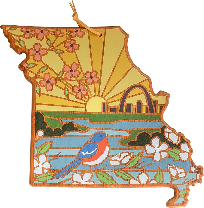 Totally Bamboo Missouri State Shaped Cutting Board, Summer Stokes Art | State charcuterie board with colorful hand-drawn landscape art. Smooth reverse side for food prep. Hang tie for wall display.