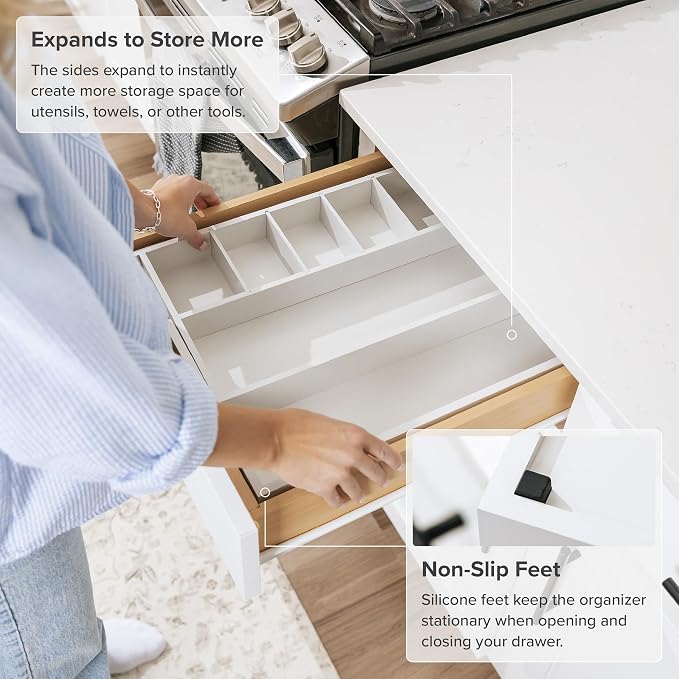 Utensil & Junk Drawer Organizer, 10.5-19 in, White Bamboo | Food-safe contract grade, 100% sustainable wood, non-slip, adjustable