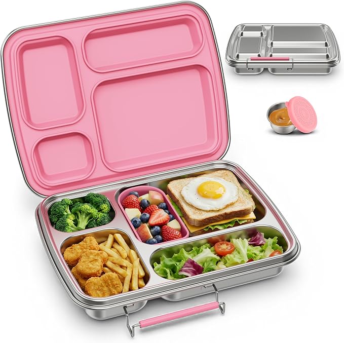 Stainless Steel Bento Lunch Box for Kids & Adults, 4 Compartment Kids Lunch Box, Metal Bento Box with Silicone Container and Stainless Steel Sauce Container,BPA-Free,School,Office(Pink)
