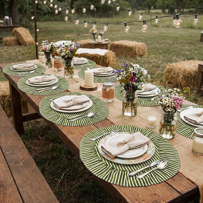 Set of 6 Round Placemats Green Striped Ruffled Circle Placemats 15 Inch Vintage Fabric Farmhouse Boho Rustic Table Mat for Summer Bachelorette Baby Shower Bridal Shower Birthday Party Picnic