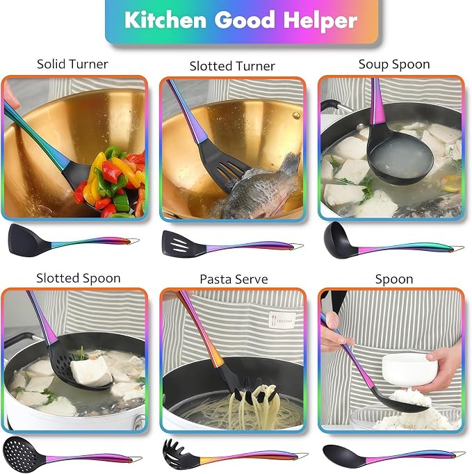 Silicone Cooking Utensils Set, 17pcs Kitchen Utensil Set with Rotatable Holder, Heat-Resistant Silicone Utensils for Cooking, Non-Stick Spatula Set with Stainless Steel Handle,Turner,Ladle (Rainbow)