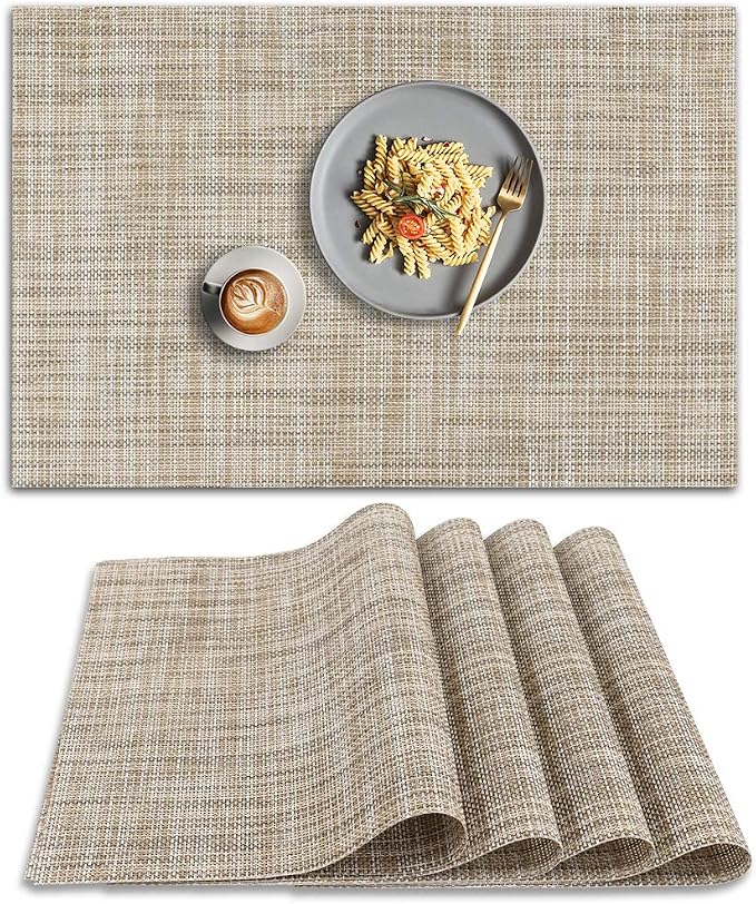 homEdge PVC Placemat, 4 PCS of Non-Slip Heat Resistant Place Mats, Washable Vinyl Placemats, Set of 4 – Linen Yellow
