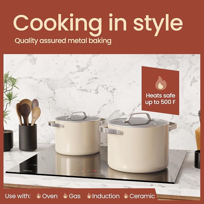 Bakken 3 Quart Ceramic Coated Stock Pot with Lid, Easy to Clean Nonstick Pot, Tempered Glass Lid, Riveted Stainless Steel Handles, Oven Safe Up To 500°F, PTFE & PFAS Free, All Stove Compatible, Cream