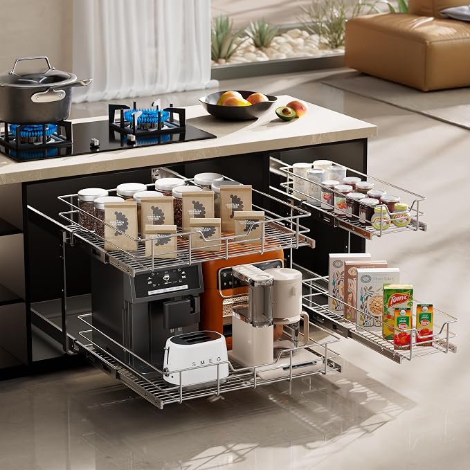 2 Tier Pull Out Cabinet Organizer 18" W X 22" D, Chromed, Full Slide Out | For Kitchen Organizers and Storage, Pull Out Drawers For Cabinets Capacity Heavy Duty Caddy, Cabinet Shelves, Bathroom Pantry
