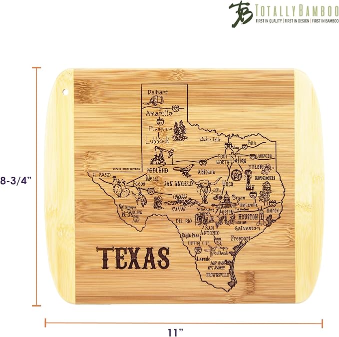 Totally Bamboo A Slice of Life Texas Engraved Map Cutting Board | 11” x 8.75” charcuterie board with engraved state map artwork. Smooth reverse side for food prep. Hang tie for wall display.