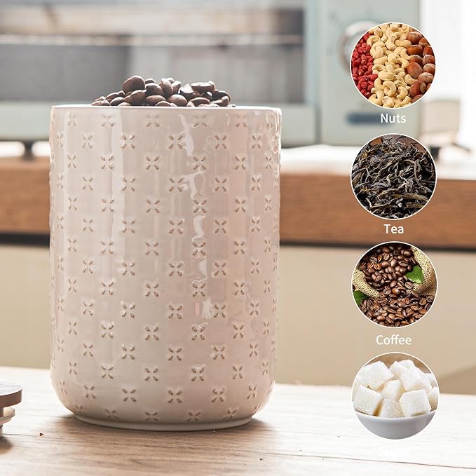 Mowtanco Embossed Ceramic Canister Set with Airtight Bamboo Lid | 30/48/82 oz White Ceramic Kitchen Jar Set, Countertop & Pantry Organization for Coffee, Sugar, Flour, Tea & Snacks