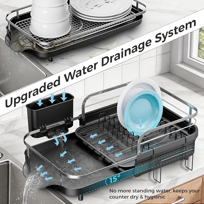 Expandable Stainless Steel Single Tier Dish Drying Rack, Auto Drain Dish Drainer for Kitchen Counter with Rotatable Multi-Slot, Drainboard, Utensil & Cutting Board Holder, 15"-22.4" Adjustable Length