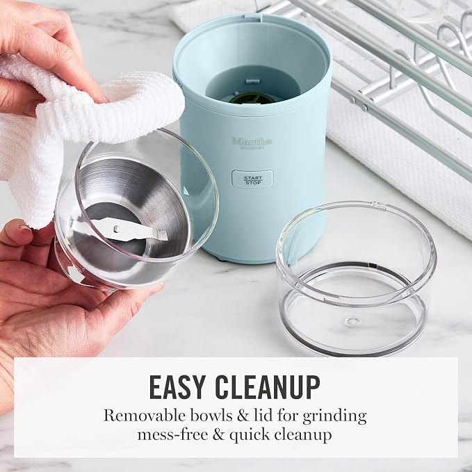 Martha Stewart Electric Coffee & Spice Grinder with Dual Bowls, Sky Blue | Dual 2.5oz Removable Bowls for Coffee Beans, Nuts, Herbs & Spices, Stainless Steel Blade, One-Touch Pulse Control, Easy Clean