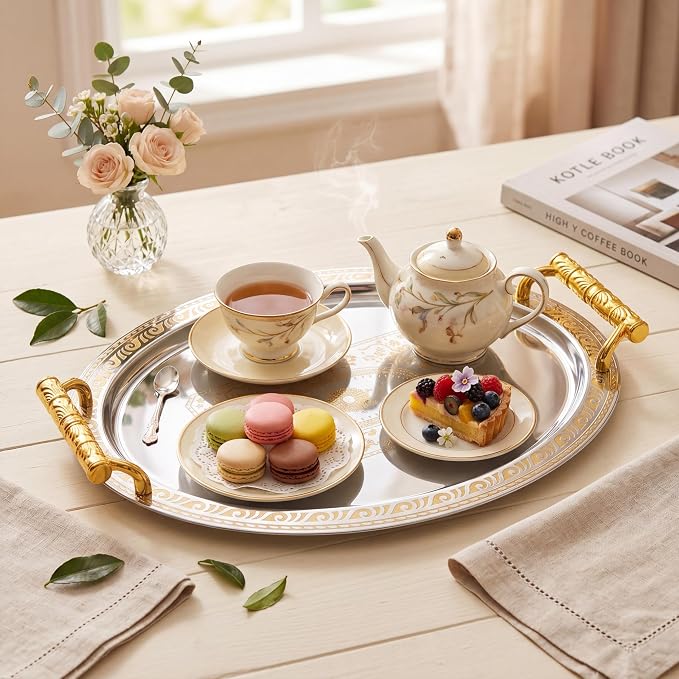 3 Pack Metal Serving Trays with Handles, Decorative Floral Platter Trays for Coffee Tea, Food, Dessert, Jewelry, for Buffet Wedding Party Kitchen Home Decor(Round,Silver, Gold)
