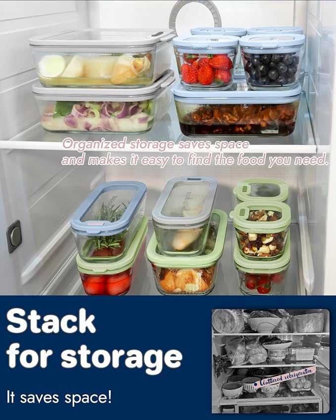4-Pack Glass Food Storage Containers with Tempered Lids – Borosilicate, Airtight, Oven-Safe (-4°F~950°F), BPA-Free, 1Cup*2 & 2.3Cup*1 & 5.7Cup*1(Light blue)
