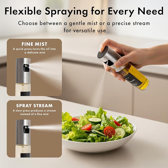 Oil Sprayer Set of 2 – Oil Spray Bottle Made of Stainless Steel & Glass, for Healthy Cooking, Sprayer for Precise Dosage, for Cooking Oil & Vinegar Including 20 Labels, Funnel
