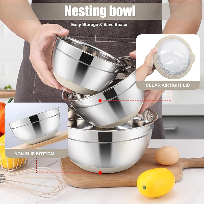 E-far Stainless Steel Mixing Bowls with Lids & Colander, 15PCS | Nesting Mixing Bowl with Non-Slip Bottom & 3 Metal Grater, For Kitchen Prep Baking Storage, 4.6, 3, 1.5, 1, 0.7QT, Khaki