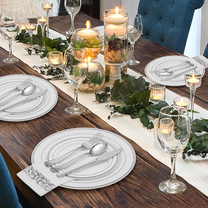 350 Pcs Silver Dinnerware Sets for 50 Guests, Disposable Plate Set | Plastic Plates for Wedding, Party, Include: 50 Dinner Plates, 50 Dessert Plates, 50 Paper Napkins, 50 Cups, 50 Silverware Set