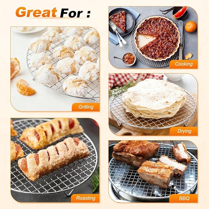 M METERXITY 2-Pack Cooling Rack 12" Round 201 Stainless Steel, Silver | Cross Wire Grate Cooling Racks with Grill Grate Lifter for Grilling, Cooking, Steaming, Baking