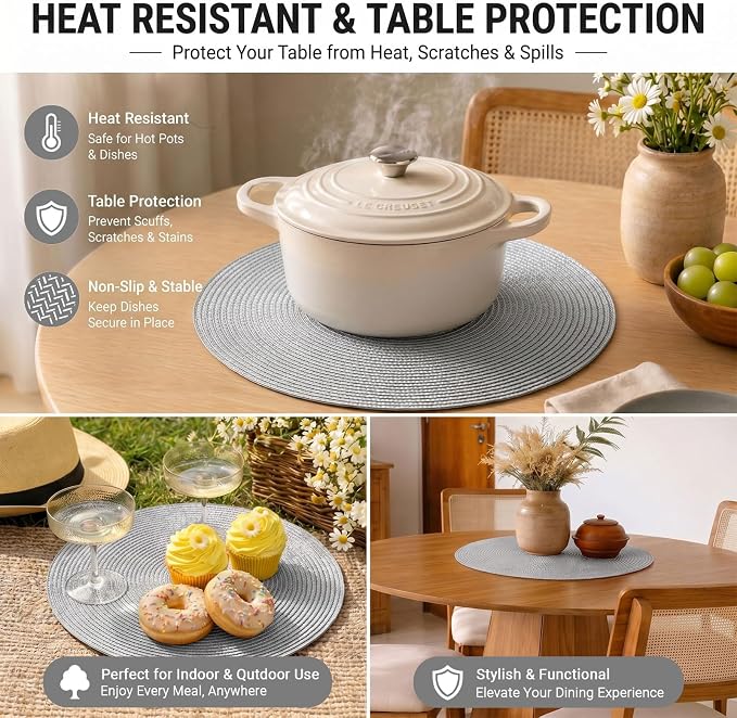 FunWheat Round Braided Placemats Set of 8 Place Mats for Dining Table Woven Washable Non-Slip Table Mats 15 Inch(Grey,8pcs)