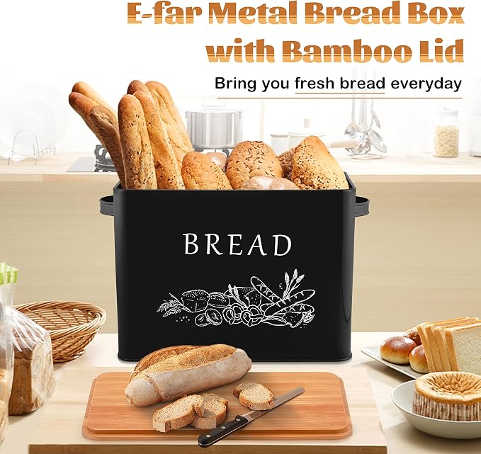 E-far Bread Box for Kitchen Countertop, Metal Bread Storage Container Bin with Bamboo Lid for Cutting Bread, Extra Large & Farmhouse Style, 13” x 7.2” x9.8”, Black