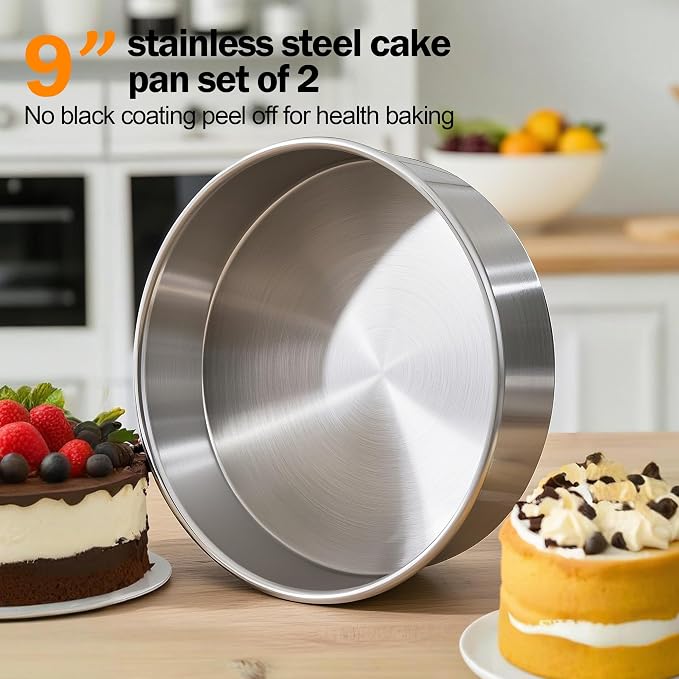9 Inch Round Cake Pans Set of 2 with 100 Pieces Parchment Paper | Stainless Steel Round Cake Pans For Layered Cakes, No Coating Smash Baking Pan, Mirror Finish Dishwasher Safe Cake Mold