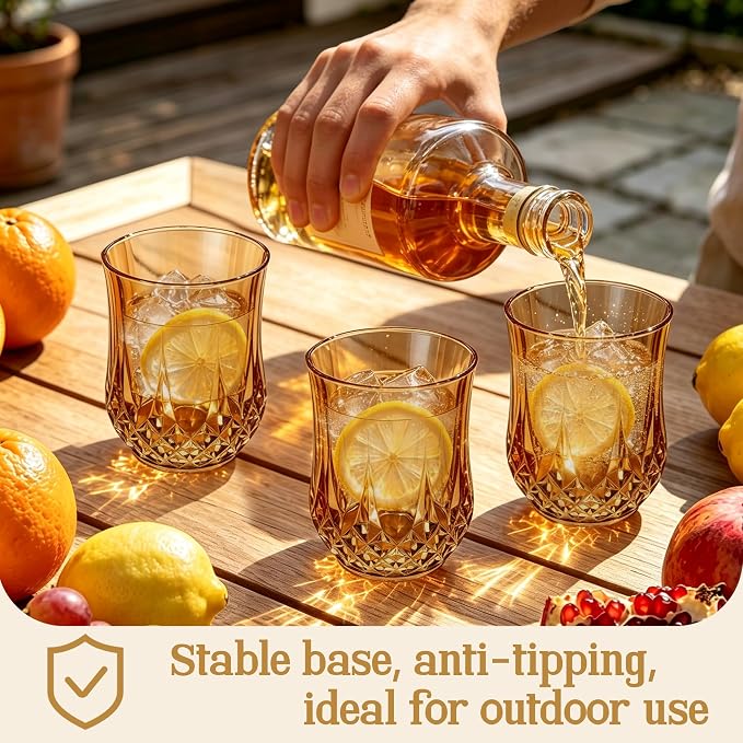24 Pack 12 Oz Plastic Stemless Wine Glasses, Amber | Unbreakable, Reusable, Elegant Vintage Design, Fancy Cocktail Cups, Whiskey, Champagne, Wedding, Party, Bars, Holiday Events