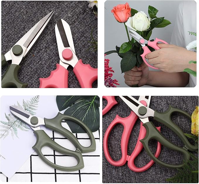 Leize Flower Scissors, Premium Thickened Stainless Steel Floral Shears, Strong Pruner for Flowers, Branches and Leaves (Pink Slender 2pics)