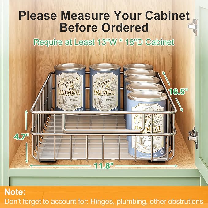 Stainless Steel Pull Out Cabinet Organizer(11.8"W x 16.5"D x 4.7"H)-1 Pack, Minimalist Design Frame, Full-Extension Slide Rails, Easy Installation for Pantry Organizers or Kitchen Cabinet Organizer