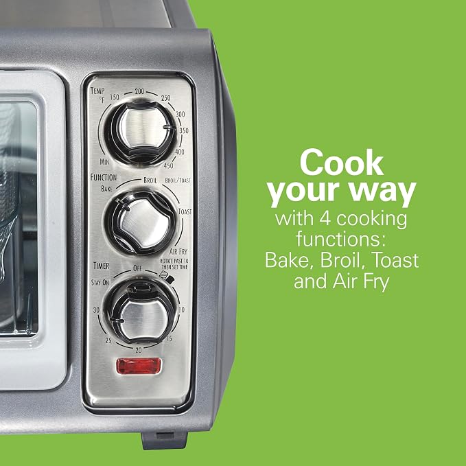 Hamilton Beach Easy Reach 6 Slice Countertop Air Fryer Toaster Oven Combo | Roll-Top Door For Easy Access | Bake, Broil & Toast Functions | 150 to 450ºF Adjustable Temp | Auto Shutoff | Stainless Steel
