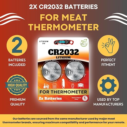 Meat Thermometer Battery Replacement Kit (2-Pack) CR2032 - Compatible with Most Brands - Coin Cell Battery for Meat Thermometers