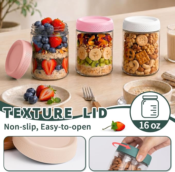 Mason Jars 16 oz with Lids, Glass Jars with Airtight Lid, Wide Mouth Jar | 6 Pack Yogurt Containers, Glass Food Containers with Airtight Lids for Storage, Yogurt Bowls, Meal Prep, Chia Pudding, Nut