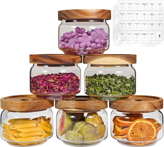 Glass Spice Jar Coffee Sugar Container Airtight Glass Jar Food Storage Canisters Bottle for Kitchen Seasoning Tea Herb Overnight Oats Bar Parfait Snacks (6 * 250ml(8.4oz))