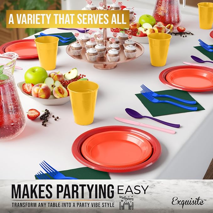 Exquisite 350 Pcs Rainbow Plastic Plates For Party, Rainbow Disposable Plates Set, 50 Of Each 9" Dinner Plate Set, 7" Dessert Plate, Cups, Napkins & Cutlery Plastic Dinnerware