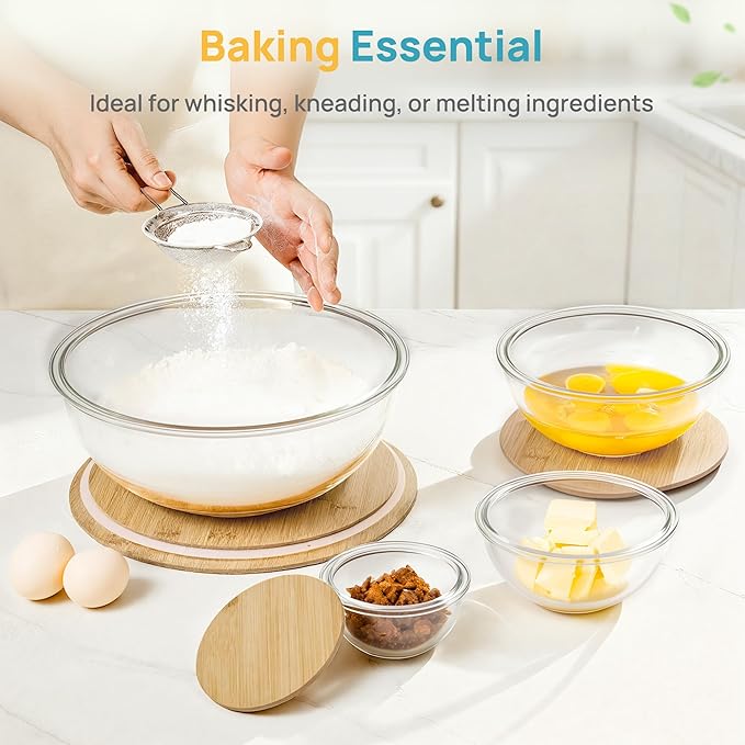 Vtopmart 5 Pack Glass Mixing Bowls with Bamboo Lids, Nesting Set | Kitchen Bowls for Mixing, Meal Prep, Serving & Baking, Space-Saving Nesting Design with Microwave and Dishwasher Safe Glass