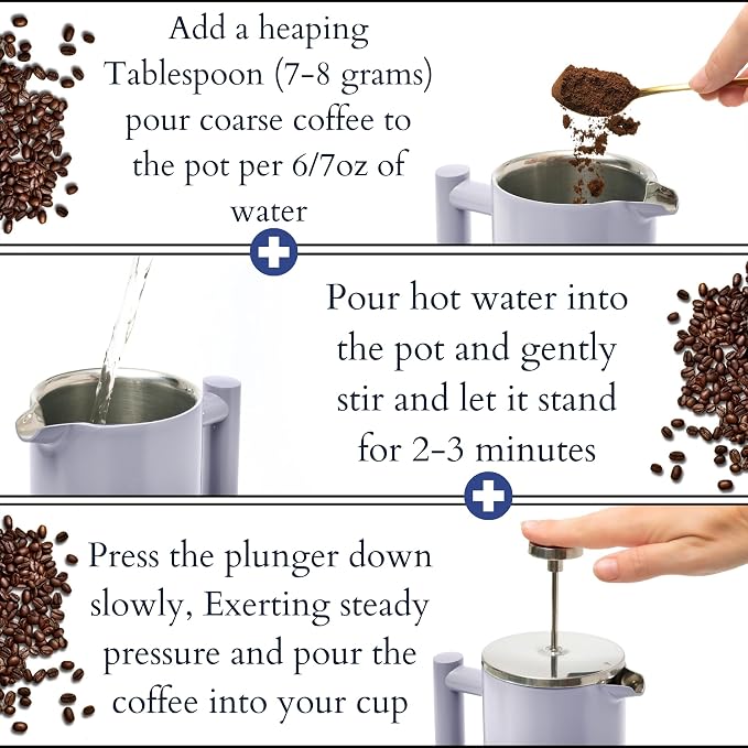 Mixpresso French Press Coffee Maker, 26 Oz Stainless Steel Coffee Press | Double wall insulated stainless steel French Press with durable filter for coffee or loose leaf tea, easy to press and clean