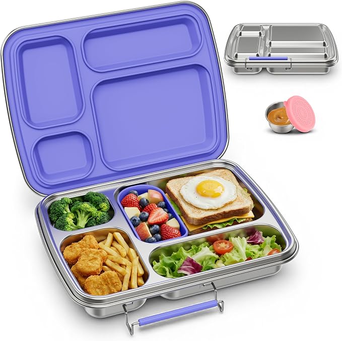 Stainless Steel Bento Lunch Box for Kids & Adults, 4 Compartment Kids Lunch Box, Metal Bento Box with Silicone Container and Stainless Steel Sauce Container,BPA-Free,School,Office(Purple)
