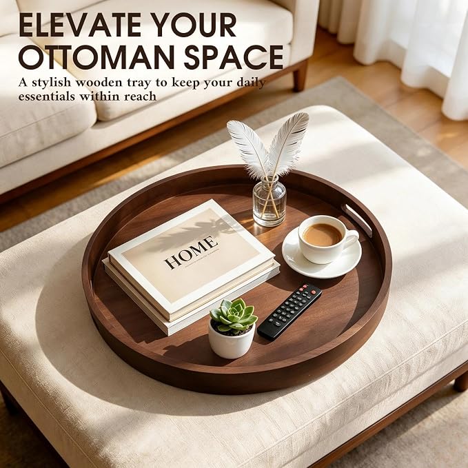 Extra Large Ottoman Tray, 24" Round Black Walnut Wood Serving Tray | Farmhouse Wooden Decorative Tray with Handles, Oversized Coffee Table Tray, Serving Platter Tray for Living Room, Countertop