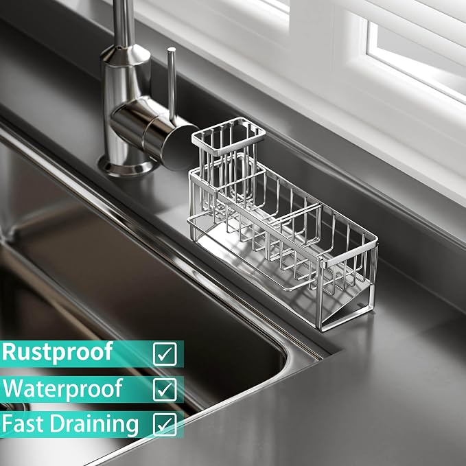 HapiRm Sponge Holder for Kitchen Sink - Self-draining Rustproof Organizer | Sloping Self-draining, Detachable Brush Holder, Stores Sponges, Brushes & Dishcloth, For Countertop Storage, Silver
