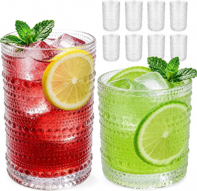 Hobnail Drinking Glasses Set of 8，Includes 12 oz beer glasses and 10 oz cocktail glasses.Kitchen Water Glass Cup,Bar Tumbler Glassware Set for Whiskey, Beer, Cocktail, Juice, Milk