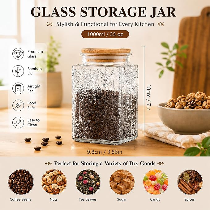Glass Storage Jars With Airtight Lid, 35oz Canister For Kitchen Counter with Bamboo Lid, brown sugar, candy, coffee, cookie, salt, tea,pantry cute Jar (Large Square Sunflower)