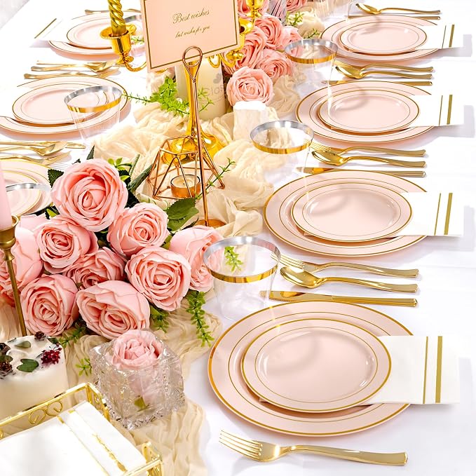 GATHER 700PCS Pink Plastic Plates 100 Guest with Gold Rim for Wedding Party | Pink Disposable Plastic Dinnerware Set include 200 Pink Plates, 300 Silverware, 100 Napkins, 100 Cups for Baby Shower