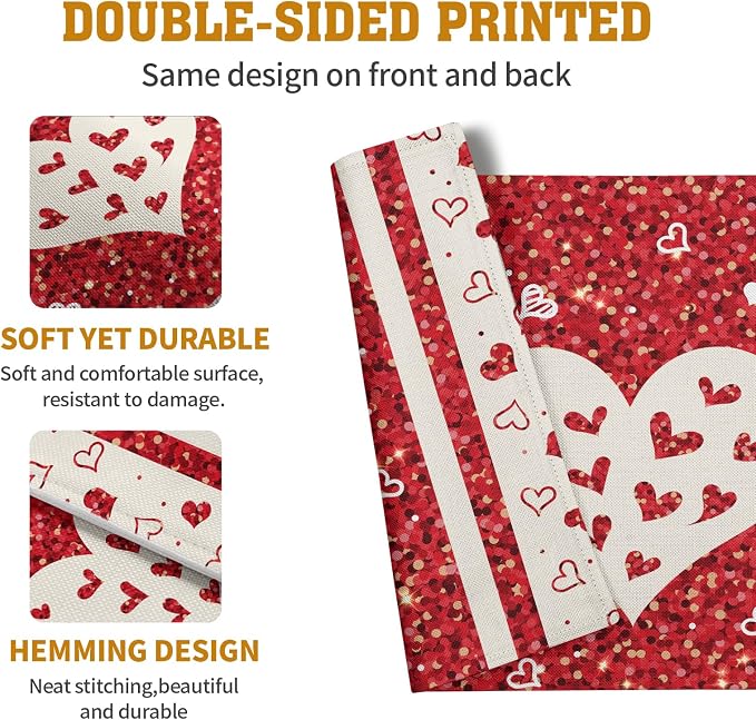 Valentine Hearts Placemats Set of 4, 12x18 Inch Red White Love Heart Linen Table Mats Romantic Wedding Heat Resistant Washable Place Mat for Party Kitchen Dining Outdoor Indoor Decor