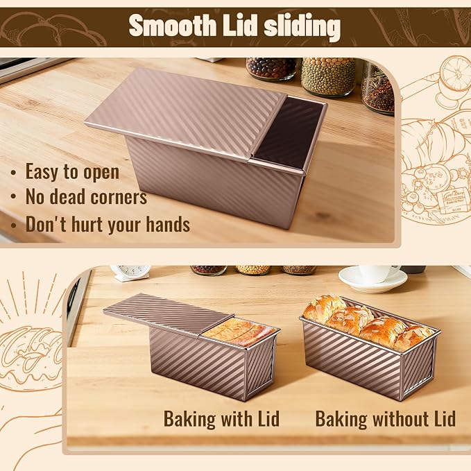 3 Pack Pullman Loaf Pans, Bread Pans with Lids, Golden | Non-stick Carbon Steel Bread Pans for Homemade Sandwich and Baking Sourdough Bread, Corrugated Toast Mold