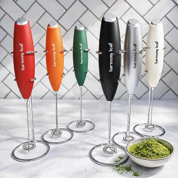 Harmony Leaf Handheld Milk Frother, Stainless Steel Electric Drink Mixer with Stand, Battery Operated Coffee Frother for Lattes, Matcha, Hot Chocolate and More, White