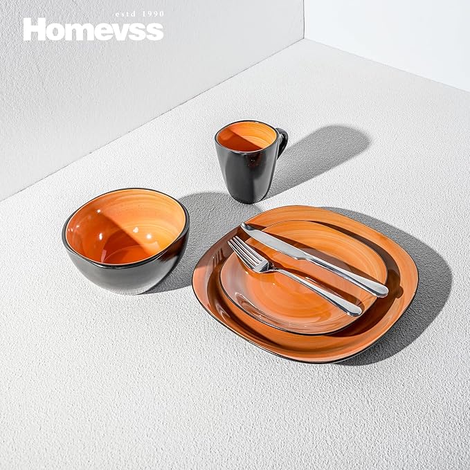 Stoneware Square 16pc Dinnerware Set, Inside Spinwash Swirl Orange + Outside Black