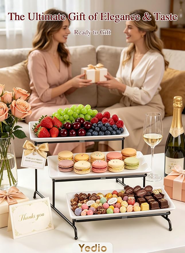3 Tier Serving Tray, 12 Inch Dessert Display Stand, Black Stand | 3*Porcelain Durable Serving Plates, Microwave/Dishwasher Safe, Modern Cupcake Fruit Buffet Display, Wedding/Tea/Party serving