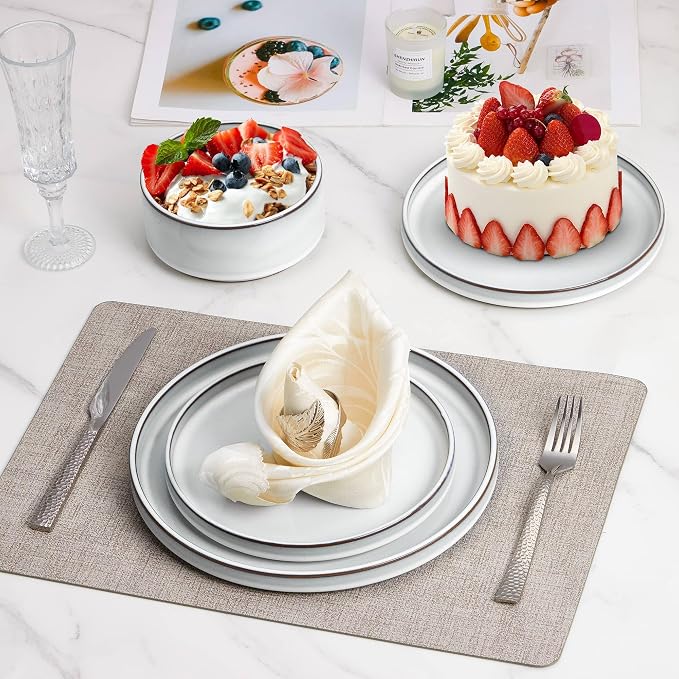 LIANYU Plates and Bowls Set for 8, 24 Piece Stoneware Dinnerware Sets | Tableware Dishes Set Includes Dinner Dessert Plate Cereal Bowl, Rustic Terracotta Underside, Dishwasher Safe, Lucent White