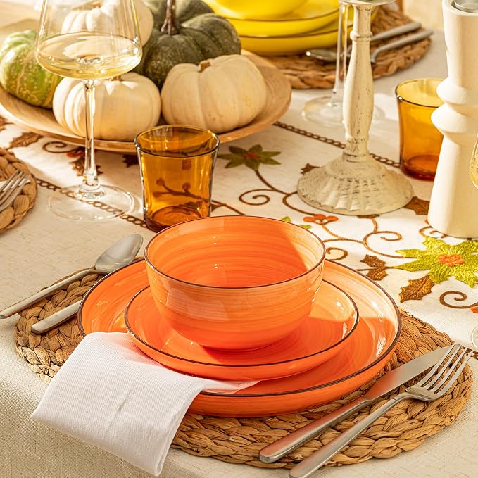 Sweese Plates and Bowls Sets, 18 Piece Dinnerware Set Porcelain Round Dinner Set for 6, Scratch Resistant Dishes Set, Dishwasher Oven Microwave Safe Handpainted Swirl Dishware Sets, Assorted Colors